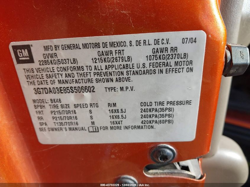 2005 Pontiac Aztek VIN: 3G7DA03E85S506602 Lot: 43783329