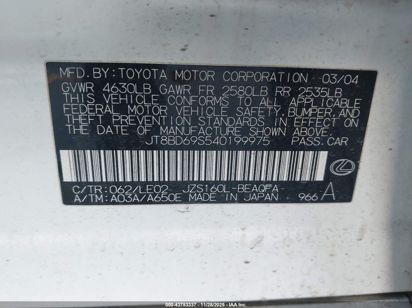 2004 Lexus Gs 300 VIN: JT8BD69S540199975 Lot: 43783337