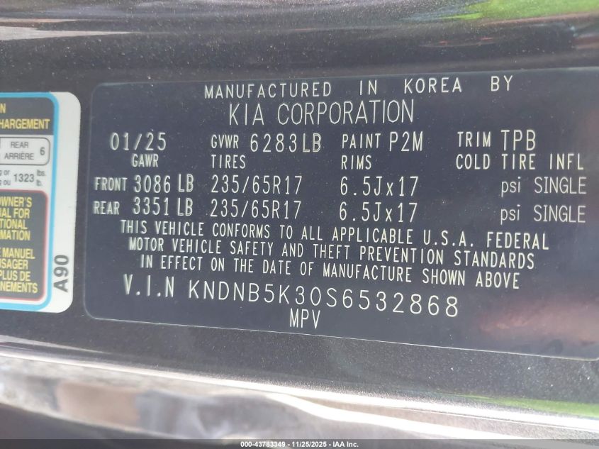 2025 Kia Carnival Mpv Lxs VIN: KNDNB5K30S6532868 Lot: 43783349