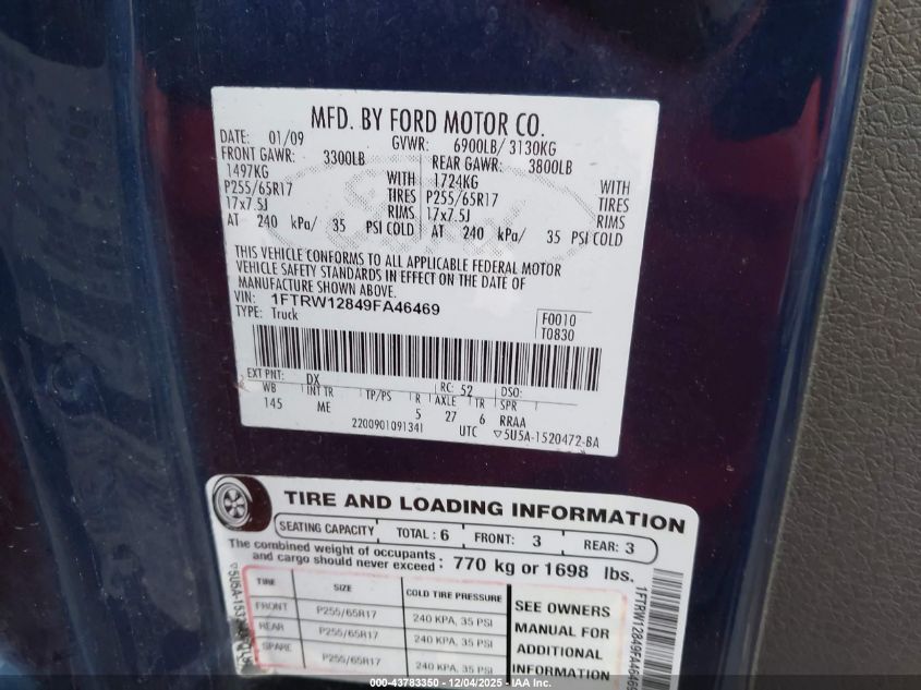 2009 Ford F-150 Xlt VIN: 1FTRW12849FA46469 Lot: 43783350