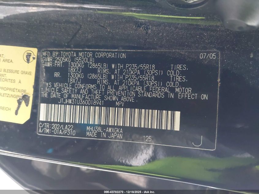 2006 Lexus Rx 400H VIN: JTJHW31U360018941 Lot: 43783370