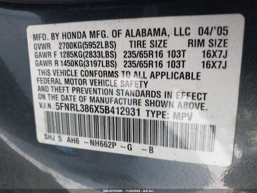 2005 Honda Odyssey Ex-L VIN: 5FNRL386X5B412931 Lot: 43783380