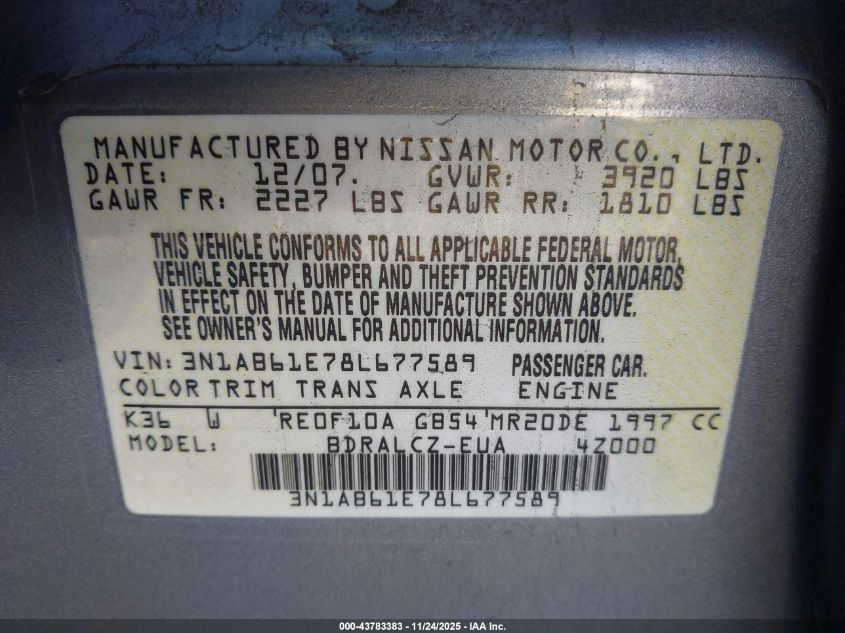 2008 Nissan Sentra VIN: 1B61E78L677589 Lot: 43783383