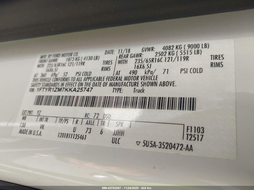 2019 Ford Transit-250 VIN: 1FTYR1ZM7KKA25747 Lot: 43783387