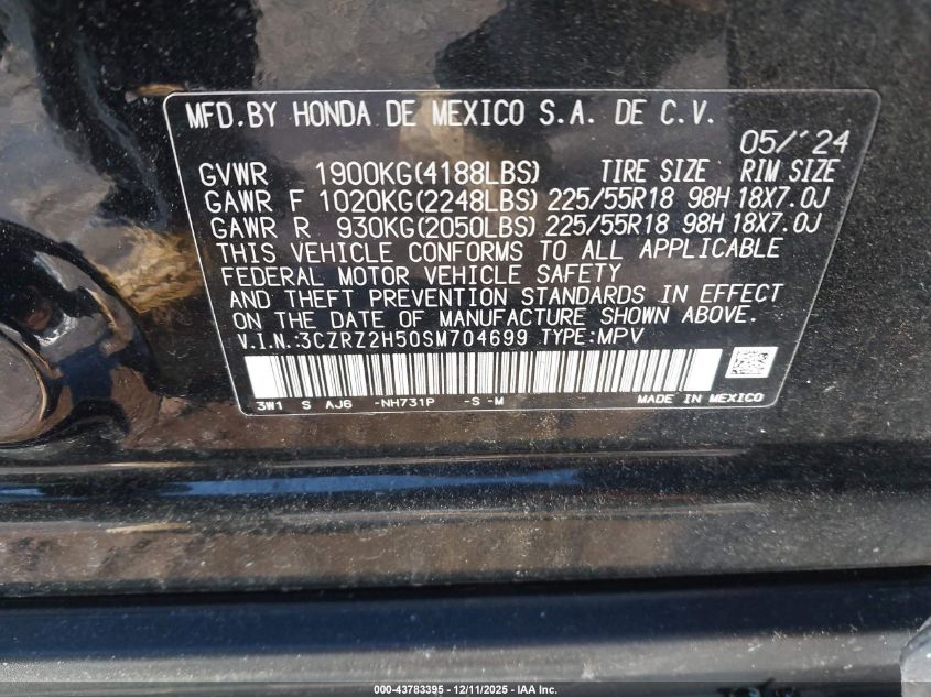 2025 Honda Hr-V Awd Sport VIN: 3CZRZ2H50SM704699 Lot: 43783395