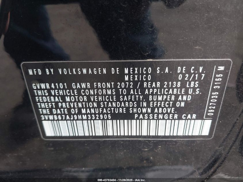 2017 Volkswagen Jetta 1.4T Se VIN: 3VWB67AJ9HM332905 Lot: 43783404