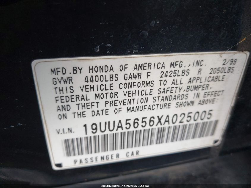 1999 Acura Tl 3.2 VIN: 19UUA5656XA025005 Lot: 43783423