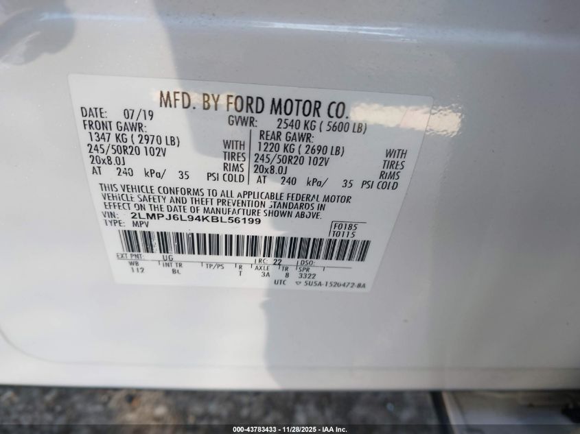 2019 Lincoln Nautilus Reserve VIN: 2LMPJ6L94KBL56199 Lot: 43783433