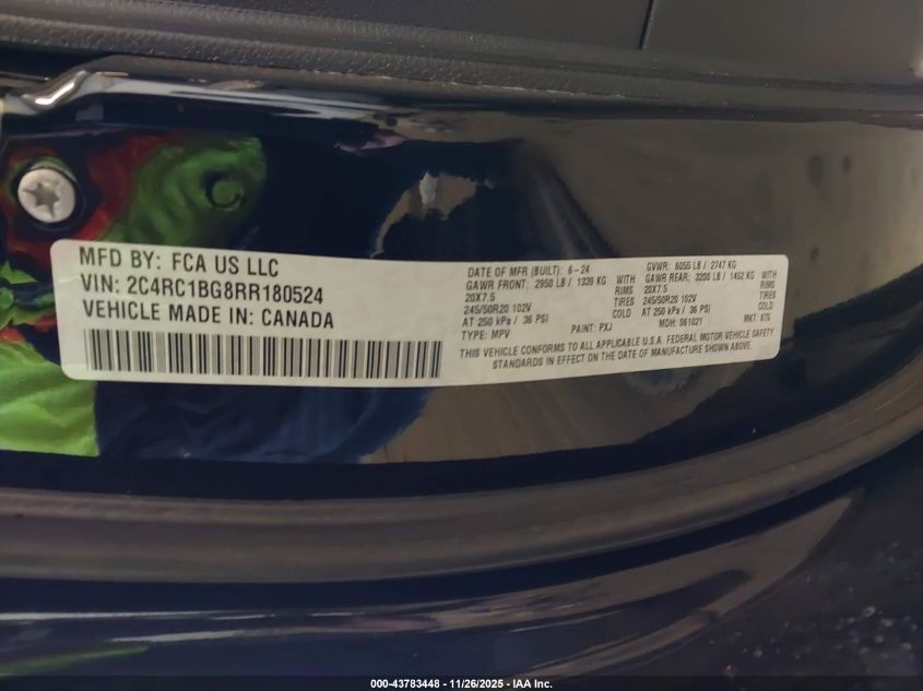 2024 Chrysler Pacifica Touring L VIN: 2C4RC1BG8RR180524 Lot: 43783448
