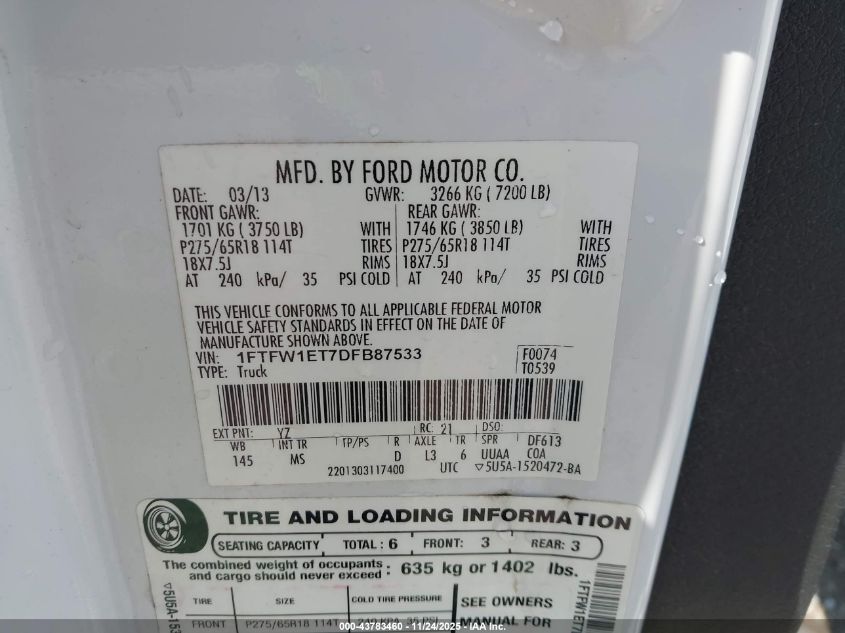 2013 Ford F-150 Xlt VIN: 1FTFW1ET7DFB87533 Lot: 43783460