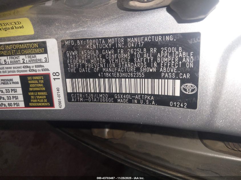 2017 Toyota Avalon Limited VIN: 4T1BK1EB3HU262355 Lot: 43783467