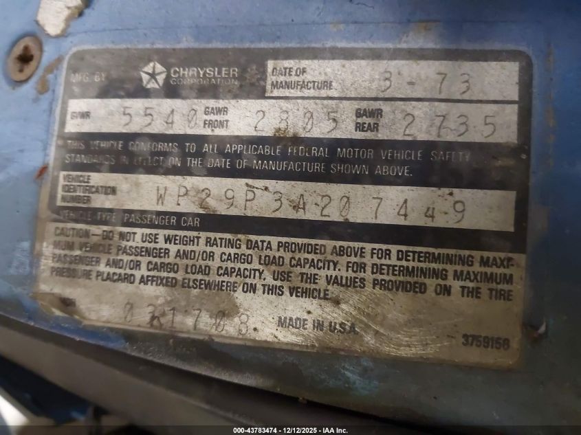 1973 Dodge Charger VIN: IP29P3A207449 Lot: 43783474