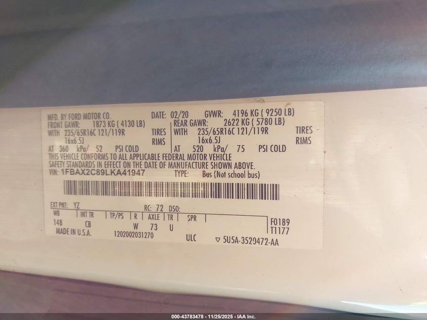 2020 Ford Transit-350 Passenger Van Xlt VIN: 1FBAX2C89LKA41947 Lot: 43783478