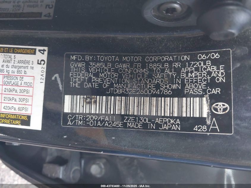 2006 Toyota Corolla Ce VIN: JTDBR32E260094786 Lot: 43783480