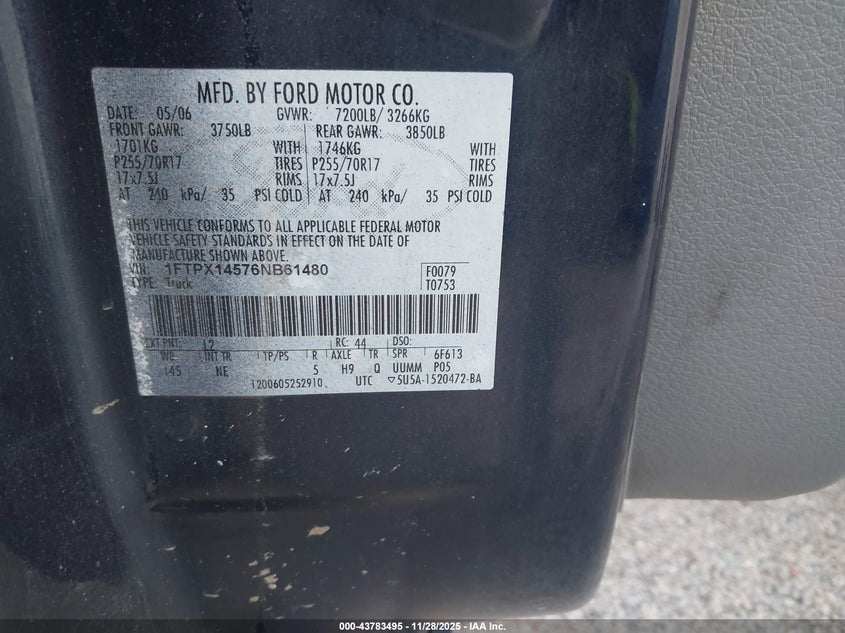 2006 Ford F-150 Fx4/Lariat/Xl/Xlt VIN: 1FTPX14576NB61480 Lot: 43783495