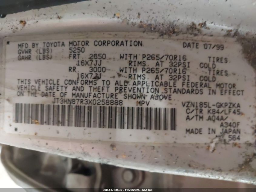 1999 Toyota 4Runner Limited V6 VIN: JT3HN87R3X0258888 Lot: 43783505