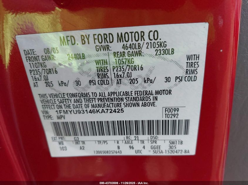 2006 Ford Escape VIN: 1FMYU93146KA72425 Lot: 43783506