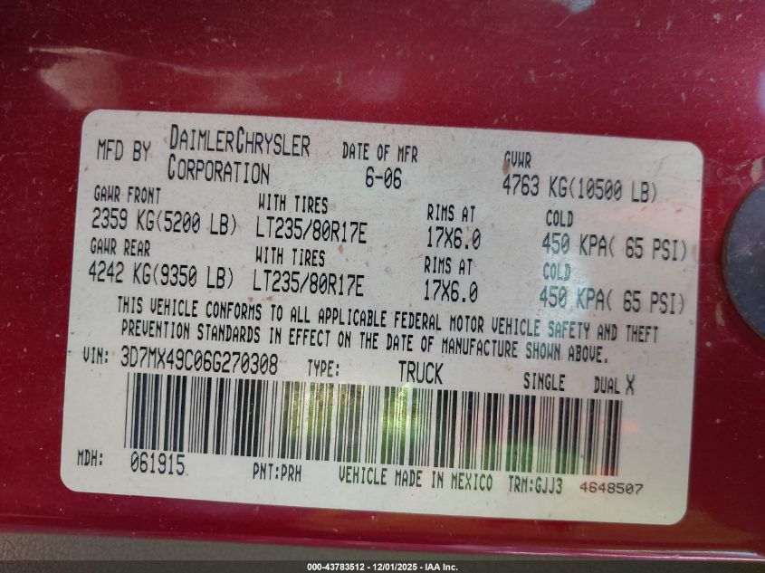 2006 Dodge Ram 3500 Laramie VIN: 3D7MX49C06G270308 Lot: 43783512