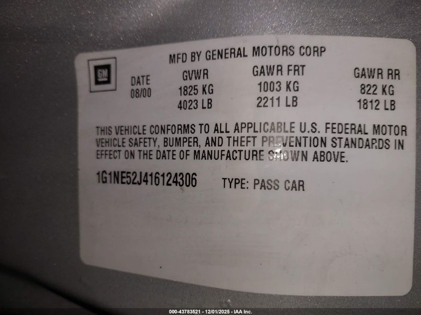 2001 Chevrolet Malibu Ls VIN: 1G1NE52J416124306 Lot: 43783521