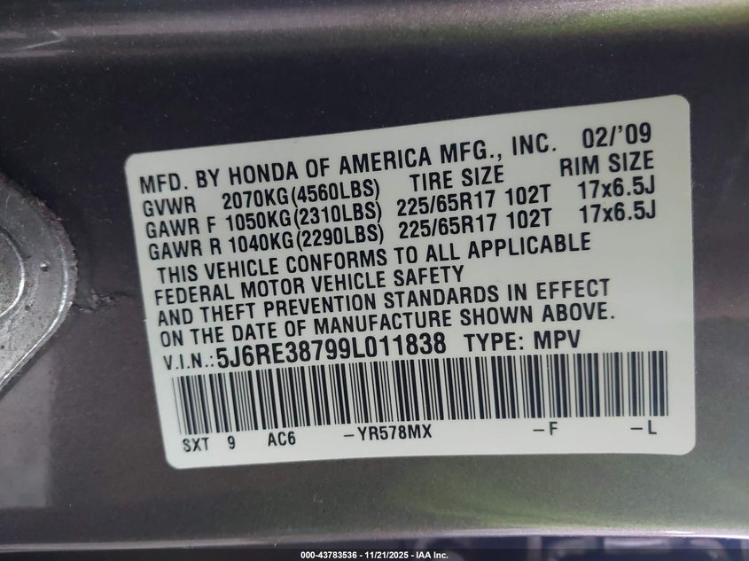 2009 Honda Cr-V Ex-L VIN: 5J6RE38799L011838 Lot: 43783536