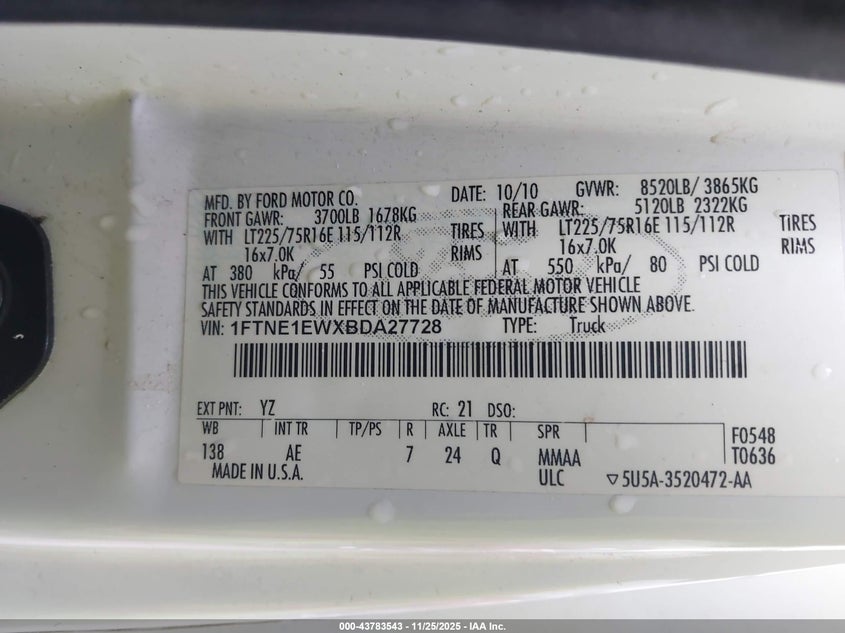 2011 Ford E-150 Commercial VIN: 1FTNE1EWXBDA27728 Lot: 43783543