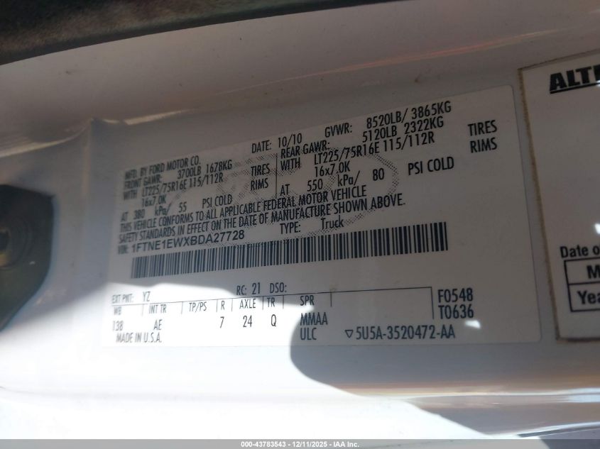 2011 Ford E-150 Commercial VIN: 1FTNE1EWXBDA27728 Lot: 43783543