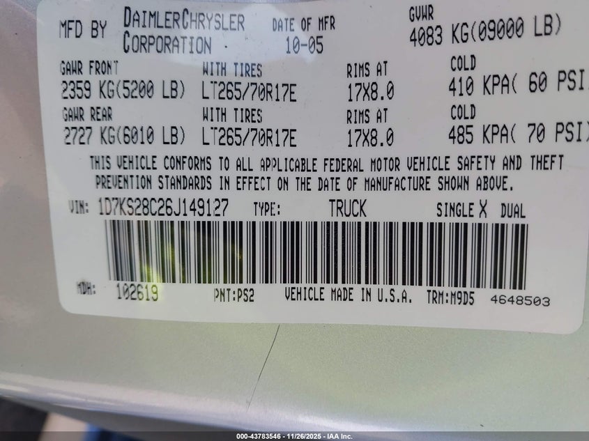 2006 Dodge Ram 2500 Slt/Trx4 Off Road/Sport/Power Wagon VIN: 1D7KS28C26J149127 Lot: 43783546