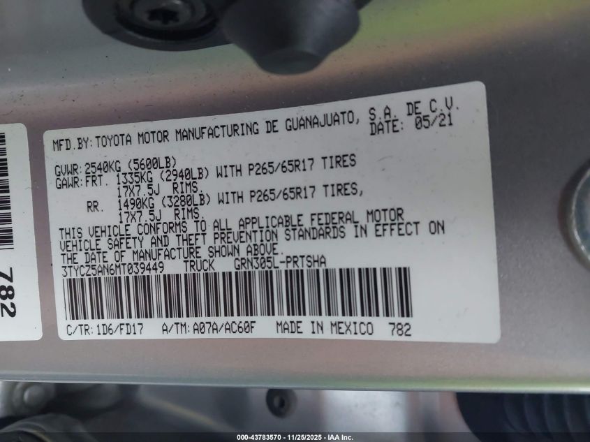 2021 Toyota Tacoma Trd Pro VIN: 3TYCZ5AN6MT039949 Lot: 43783570