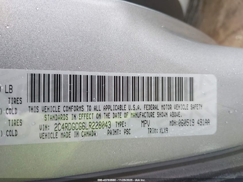 2020 Dodge Grand Caravan Sxt VIN: 2C4RDGCG6LR228043 Lot: 43783580