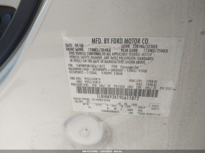 2009 Lincoln Mks VIN: 1LNHM93R19G611872 Lot: 43783592