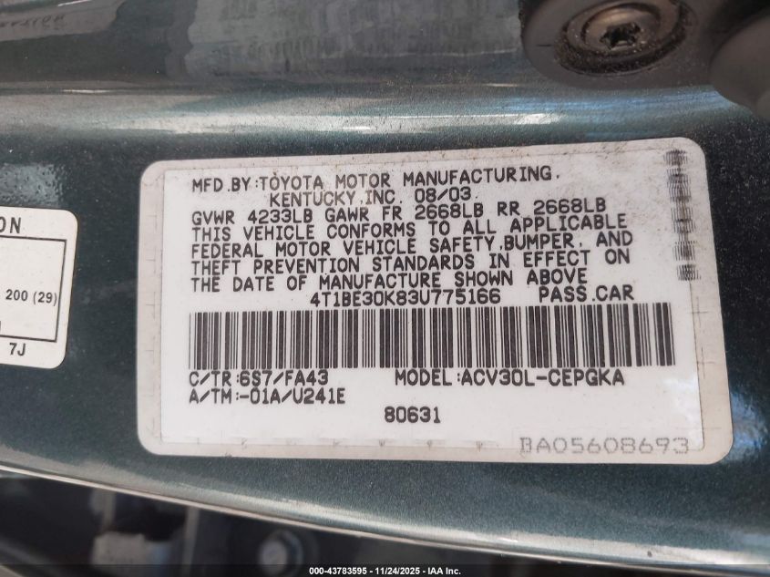 2003 Toyota Camry Xle VIN: 4T1BE30K83U775166 Lot: 43783595