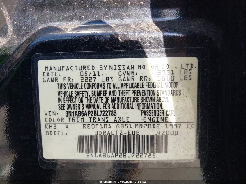 NISSAN SENTRA 2011 VIN 3N1AB6AP2BL722785