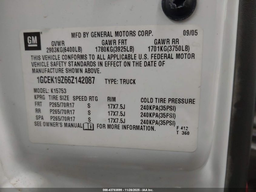 2006 Chevrolet Silverado 1500 Lt1 VIN: 1GCEK19Z66Z142087 Lot: 43783599