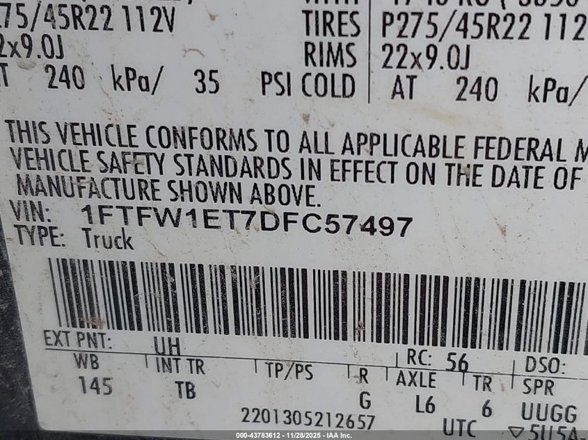 2013 Ford F-150 Limited VIN: 1FTFW1ET7DFC57497 Lot: 43783612