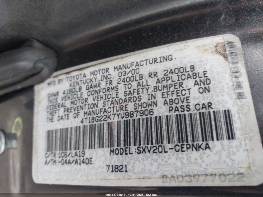 2000 Toyota Camry VIN: 4T1BG22K7U987906 Lot: 43783613