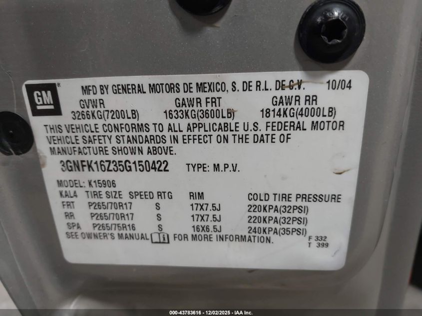 2005 Chevrolet Suburban 1500 Lt VIN: 3GNFK16Z35G150422 Lot: 43783616