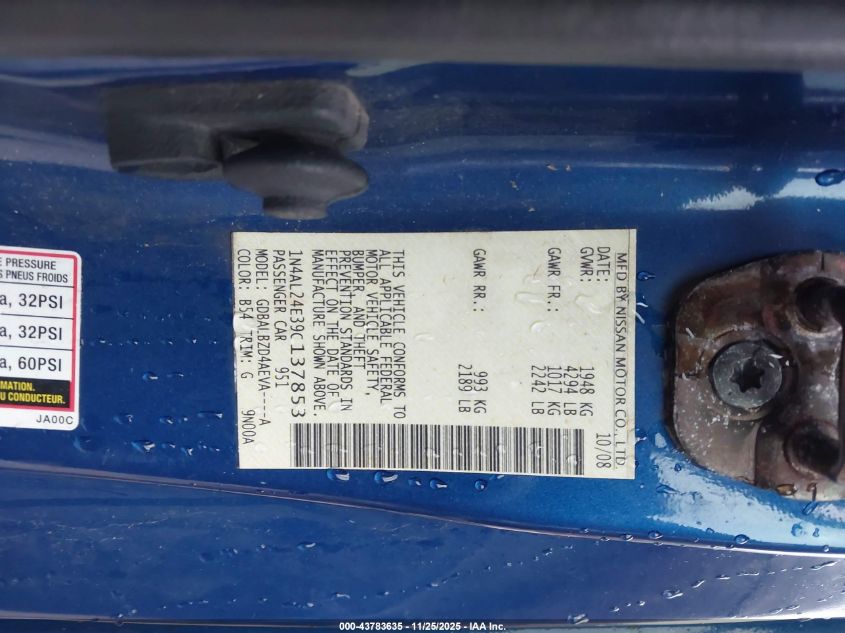 2009 Nissan Altima 2.5 S VIN: 1N4AL24E39C137853 Lot: 43783635