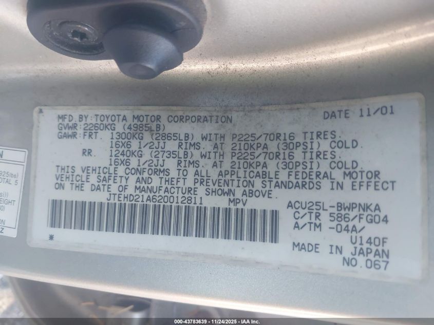 2002 Toyota Highlander VIN: JTEHD21A620012811 Lot: 43783639