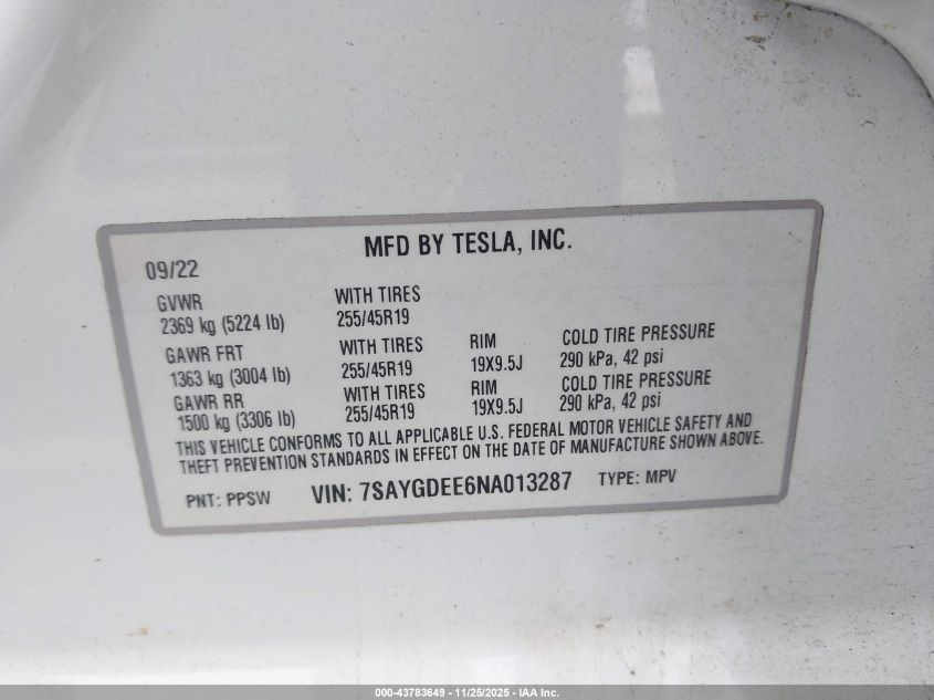 2022 Tesla Model Y Long Range Dual Motor All-Wheel Drive VIN: 7SAYGDEE6NA013287 Lot: 43783649