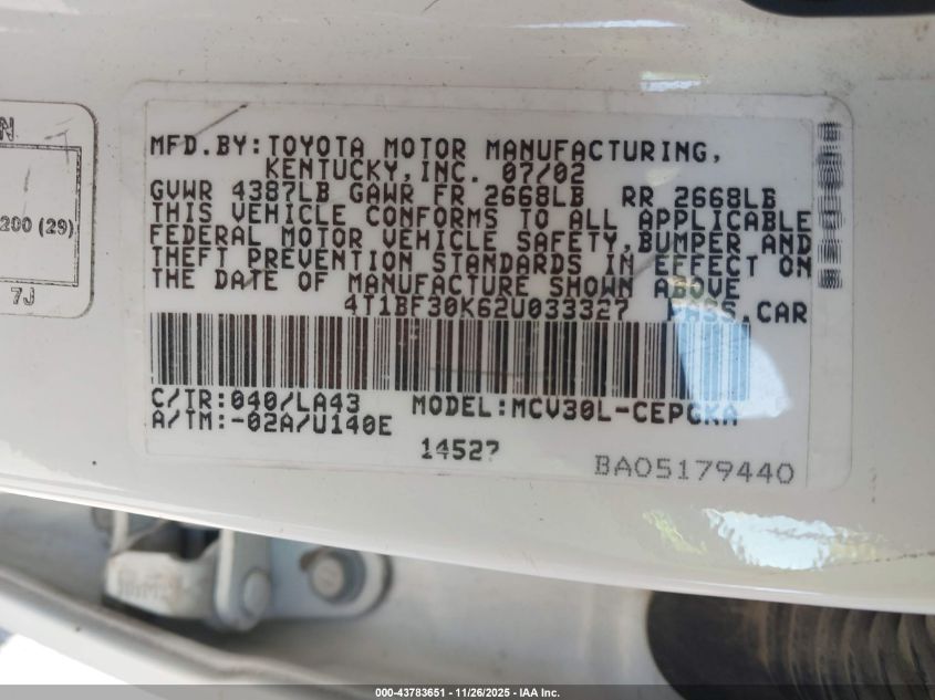 2002 Toyota Camry Xle V6 VIN: 4T1BF30K62U033327 Lot: 43783651