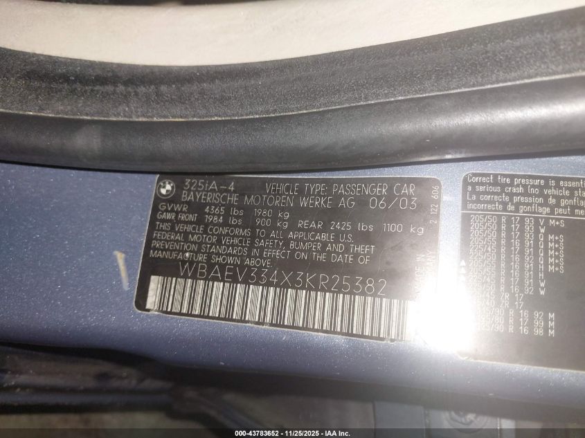2003 BMW 325I VIN: WBAEV334X3KR25382 Lot: 43783652