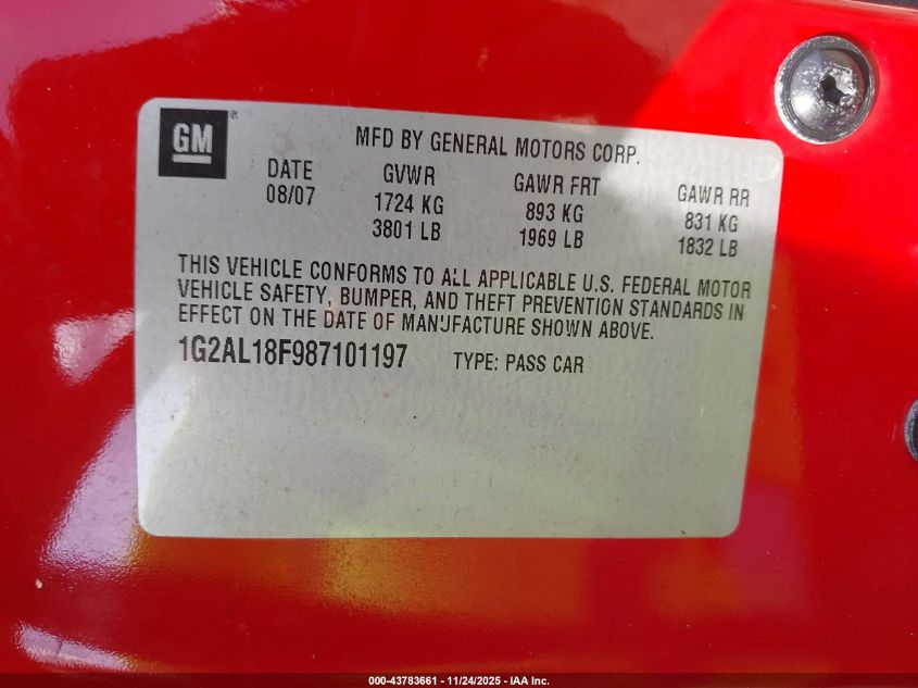 2008 Pontiac G5 VIN: 1G2AL18F987101197 Lot: 43783661