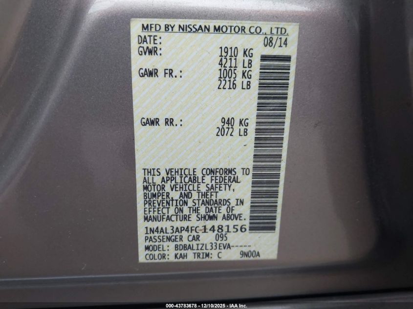 2015 Nissan Altima 2.5 Sv VIN: 1N4AL3AP4FC148156 Lot: 43783678