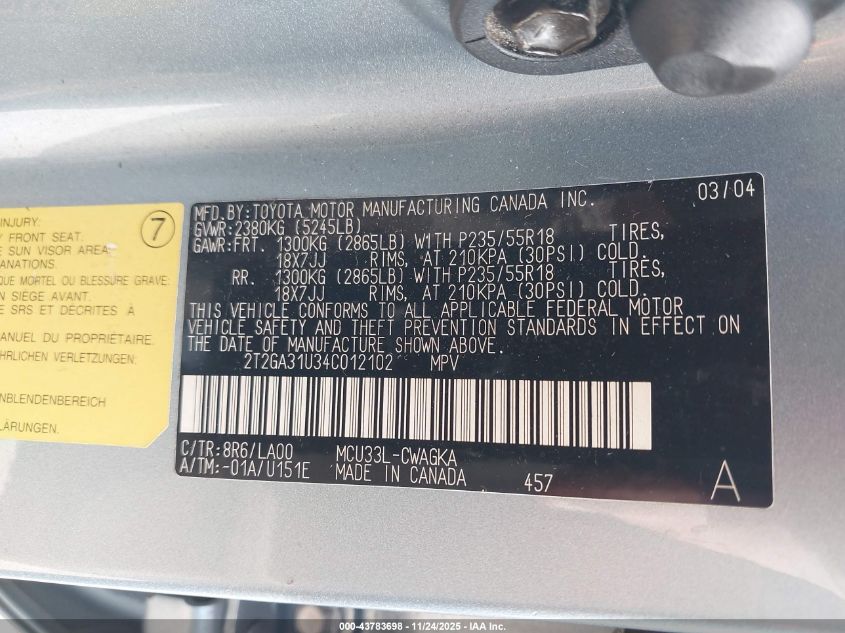 2004 Lexus Rx 330 VIN: 2T2GA31U34C012102 Lot: 43783698