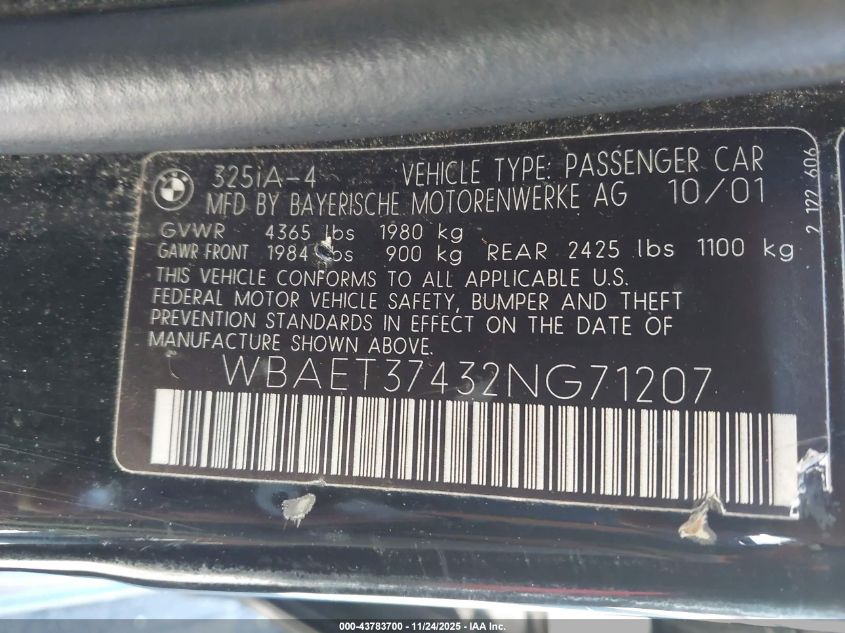 2002 BMW 325I VIN: WBAET37432NG71207 Lot: 43783700