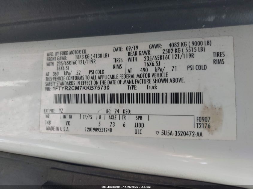 2019 Ford Transit-250 VIN: 1FTYR2CM7KKB75730 Lot: 43783709