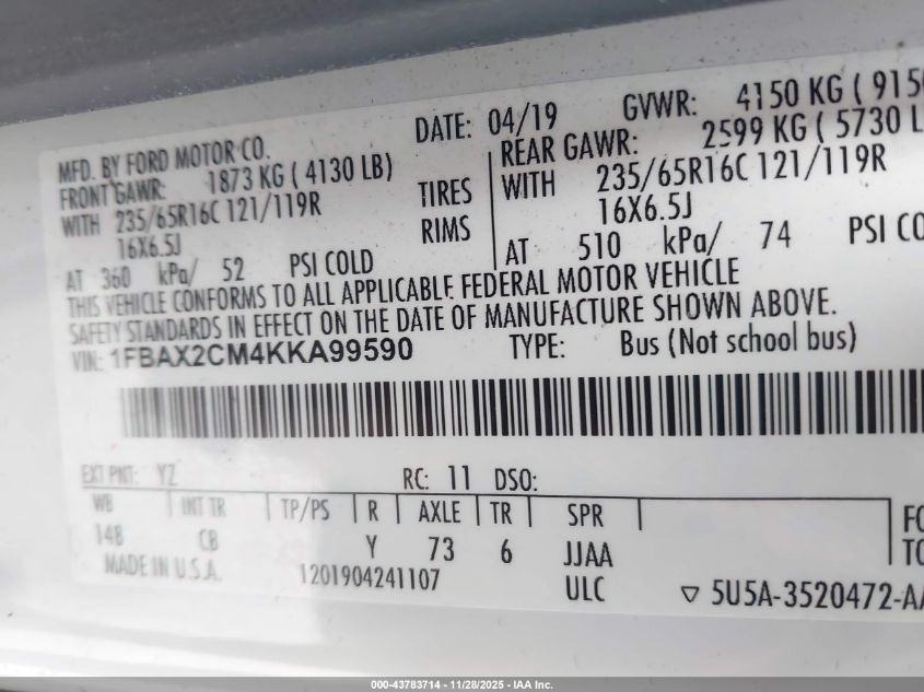 2019 Ford Transit-350 Xlt VIN: 1FBAX2CM4KKA99590 Lot: 43783714