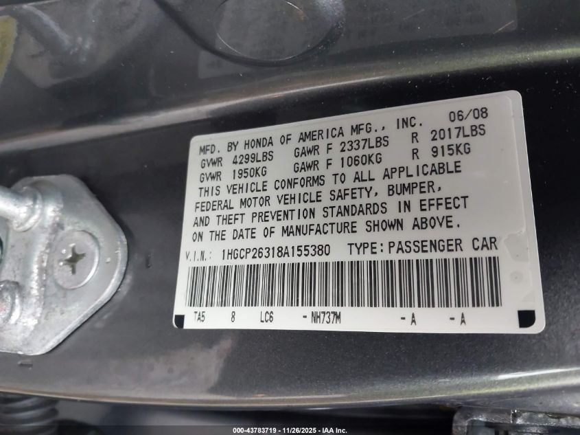 2008 Honda Accord 2.4 Lx VIN: 1HGCP26318A155380 Lot: 43783719