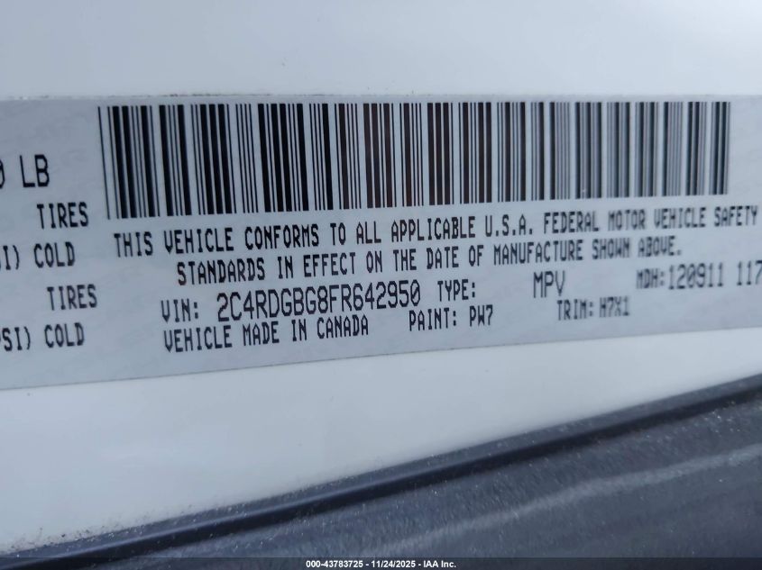 2015 Dodge Grand Caravan Se VIN: 2C4RDGBG8FR642950 Lot: 43783725
