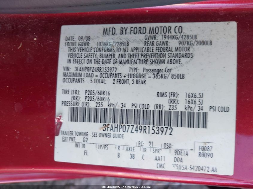 2009 Ford Fusion Se VIN: 3FAHP07Z49R153972 Lot: 43783727